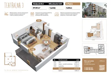 Rzut - Mieszkanie na sprzedaż 1 pokój o powierzchni 37,3 m² - numer B3.A.01 w Teatralna 3