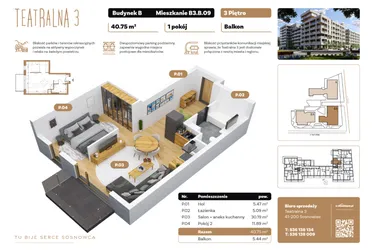 Rzut - Mieszkanie na sprzedaż 1 pokój o powierzchni 40,75 m² - numer B3.B.09 w Teatralna 3