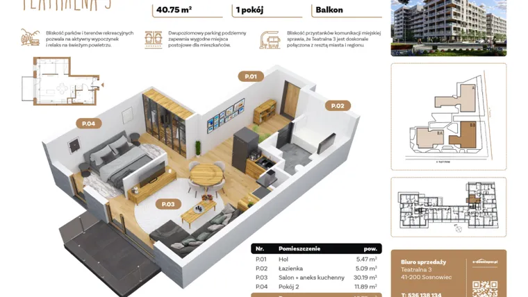 Rzut - Mieszkanie na sprzedaż 1 pokój o powierzchni 40,75 m² - numer B3.B.09 w Teatralna 3