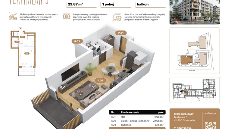 Rzut - Mieszkanie na sprzedaż 1 pokój o powierzchni 29,87 m² - numer B4.A.06 w Teatralna 3