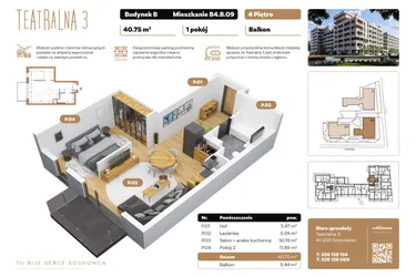 Rzut - Mieszkanie na sprzedaż 1 pokój o powierzchni 40,75 m² - numer B4.B.09 w Teatralna 3