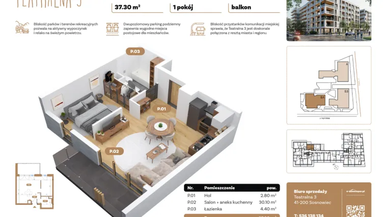 Rzut - Mieszkanie na sprzedaż 1 pokój o powierzchni 37,3 m² - numer B5.A.01 w Teatralna 3