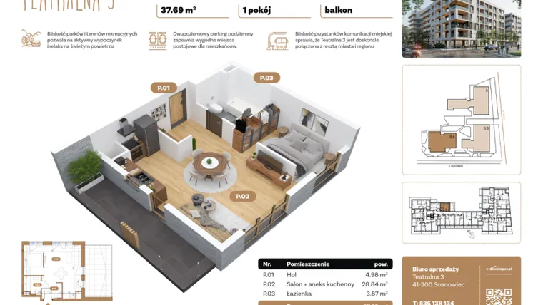 Rzut - Mieszkanie na sprzedaż 1 pokój o powierzchni 37,69 m² - numer B5.A.02 w Teatralna 3