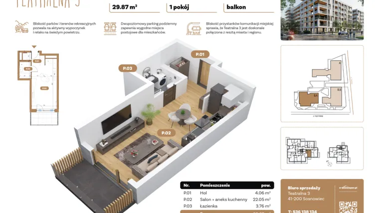 Rzut - Mieszkanie na sprzedaż 1 pokój o powierzchni 29,87 m² - numer B7.A.04 w Teatralna 3