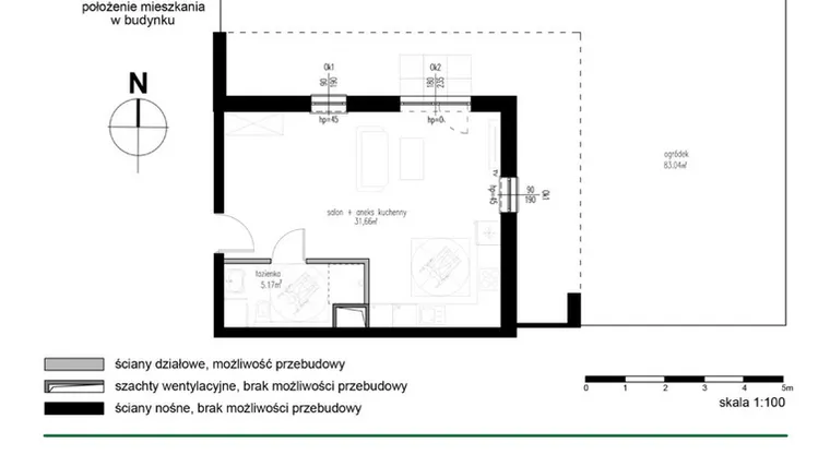 Rzut - Mieszkanie na sprzedaż 1 pokój o powierzchni 36,83 m² - numer M1 w Wędrowna