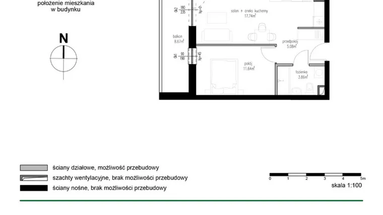 Rzut - Mieszkanie na sprzedaż 2 pokoje o powierzchni 38,32 m² - numer M15 w Wędrowna