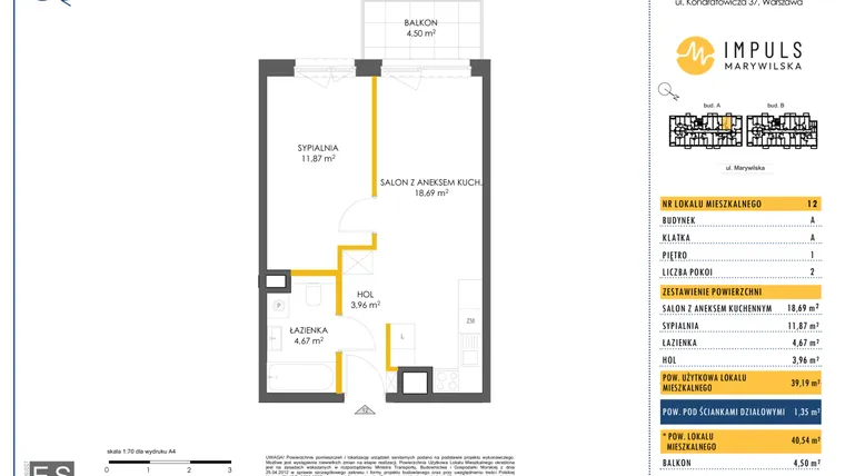 Rzut - Mieszkanie na sprzedaż 2 pokoje o powierzchni 40,54 m² - numer A/12 w Impuls Marywilska