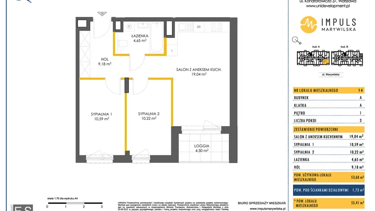 Rzut - Mieszkanie na sprzedaż 3 pokoje o powierzchni 53,69 m² - numer A/14 w Impuls Marywilska