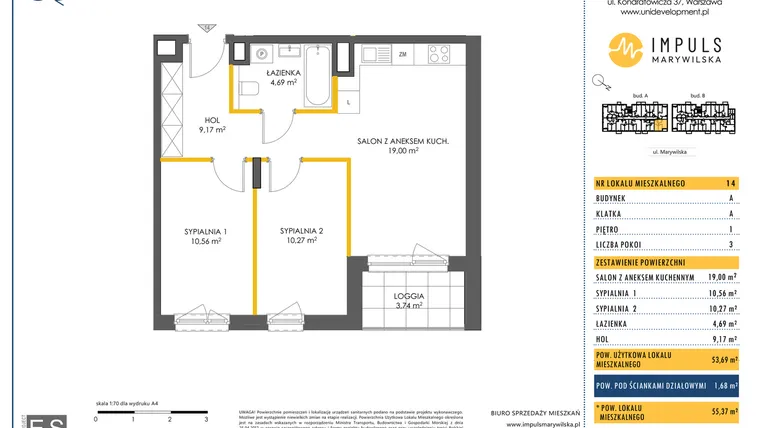 Rzut - Mieszkanie na sprzedaż 3 pokoje o powierzchni 53,69 m² - numer A/14 w Impuls Marywilska