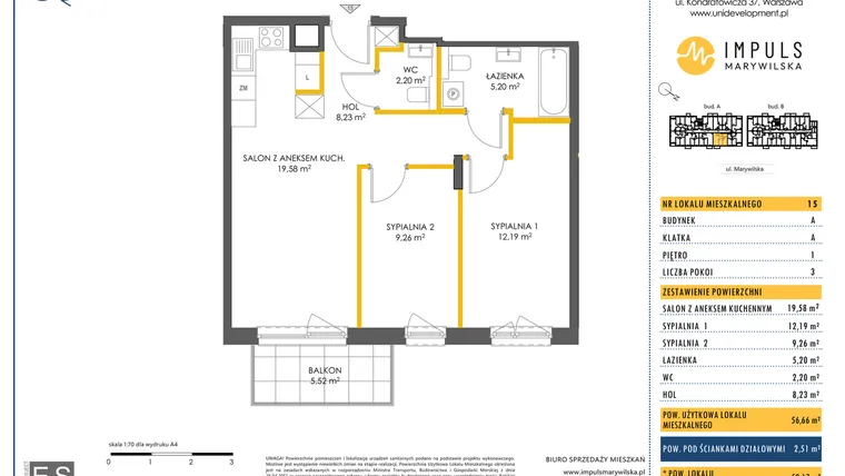 Rzut - Mieszkanie na sprzedaż 3 pokoje o powierzchni 56,66 m² - numer A/15 w Impuls Marywilska
