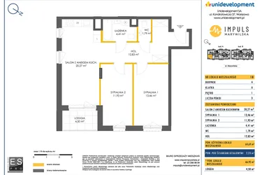 Rzut - Mieszkanie na sprzedaż 3 pokoje o powierzchni 64,59 m² - numer A/18 w Impuls Marywilska