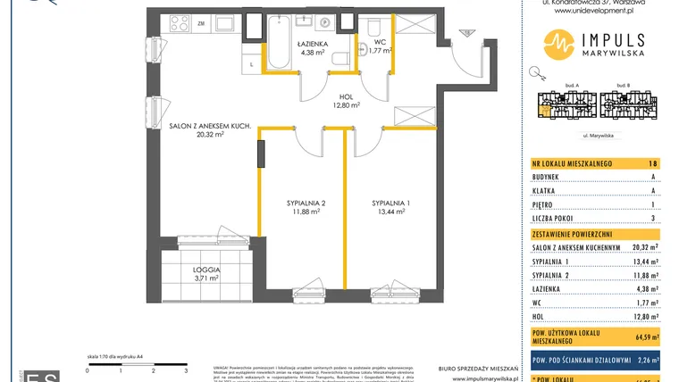 Rzut - Mieszkanie na sprzedaż 3 pokoje o powierzchni 64,59 m² - numer A/18 w Impuls Marywilska