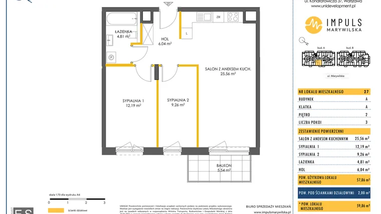 Rzut - Mieszkanie na sprzedaż 3 pokoje o powierzchni 57,86 m² - numer A/27 w Impuls Marywilska