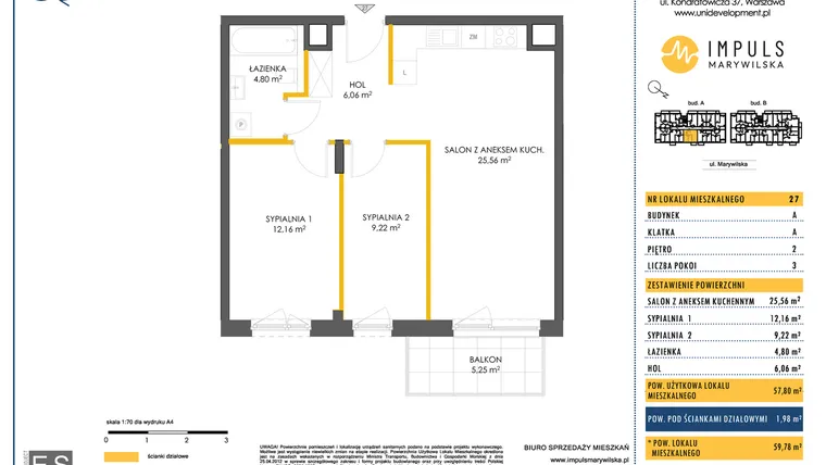 Rzut - Mieszkanie na sprzedaż 3 pokoje o powierzchni 57,86 m² - numer A/27 w Impuls Marywilska