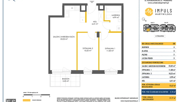 Rzut - Mieszkanie na sprzedaż 3 pokoje o powierzchni 55,9 m² - numer A/28 w Impuls Marywilska