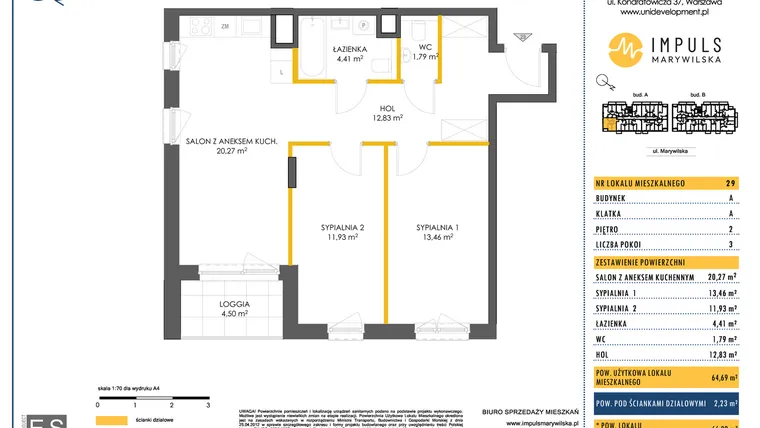 Rzut - Mieszkanie na sprzedaż 3 pokoje o powierzchni 64,82 m² - numer A/29 w Impuls Marywilska