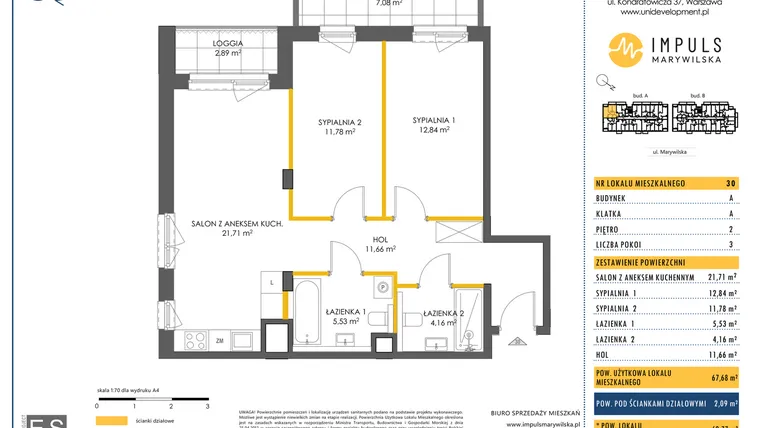 Rzut - Mieszkanie na sprzedaż 3 pokoje o powierzchni 67,68 m² - numer A/30 w Impuls Marywilska