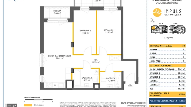 Rzut - Mieszkanie na sprzedaż 3 pokoje o powierzchni 67,68 m² - numer A/30 w Impuls Marywilska