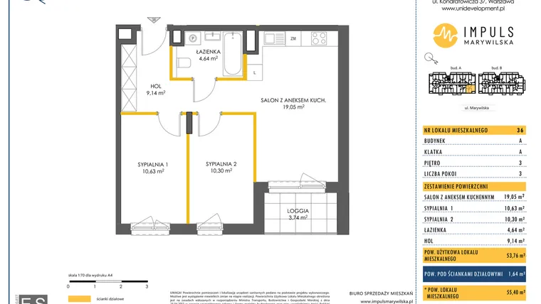 Rzut - Mieszkanie na sprzedaż 3 pokoje o powierzchni 53,76 m² - numer A/36 w Impuls Marywilska
