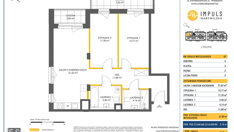 Rzut - Mieszkanie na sprzedaż 3 pokoje o powierzchni 67,6 m² - numer A/41 w Impuls Marywilska