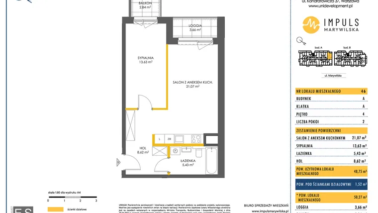 Rzut - Mieszkanie na sprzedaż 2 pokoje o powierzchni 48,94 m² - numer A/46 w Impuls Marywilska