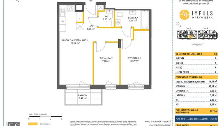 Rzut - Mieszkanie na sprzedaż 3 pokoje o powierzchni 56,79 m² - numer A/48 w Impuls Marywilska