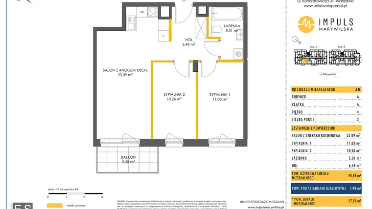 Rzut - Mieszkanie na sprzedaż 3 pokoje o powierzchni 55,88 m² - numer A/50 w Impuls Marywilska
