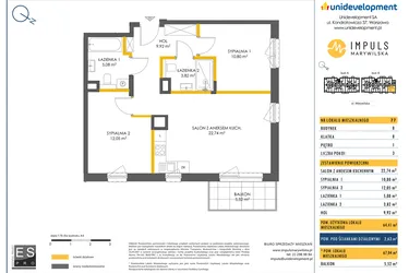 Rzut - Mieszkanie na sprzedaż 3 pokoje o powierzchni 64,41 m² - numer B/77 w Impuls Marywilska