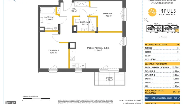 Rzut - Mieszkanie na sprzedaż 3 pokoje o powierzchni 64,41 m² - numer B/77 w Impuls Marywilska