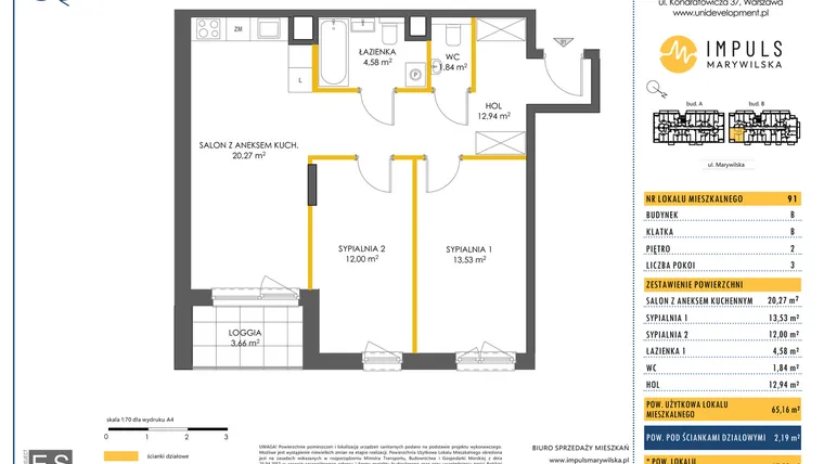 Rzut - Mieszkanie na sprzedaż 3 pokoje o powierzchni 65,16 m² - numer B/91 w Impuls Marywilska