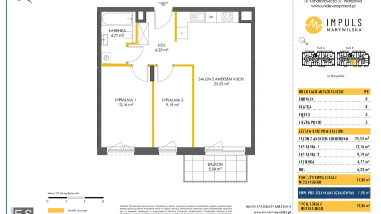 Rzut - Mieszkanie na sprzedaż 3 pokoje o powierzchni 57,88 m² - numer B/99 w Impuls Marywilska
