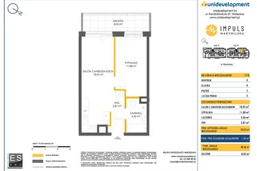 Rzut - Mieszkanie na sprzedaż 2 pokoje o powierzchni 38,85 m² - numer B/115 w Impuls Marywilska