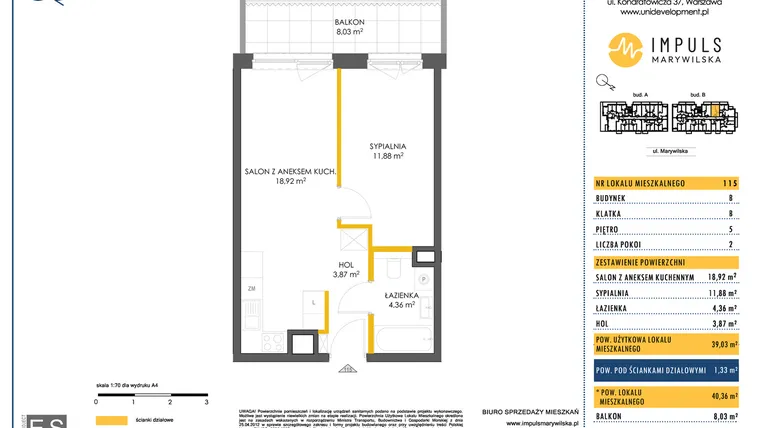 Rzut - Mieszkanie na sprzedaż 2 pokoje o powierzchni 38,85 m² - numer B/115 w Impuls Marywilska