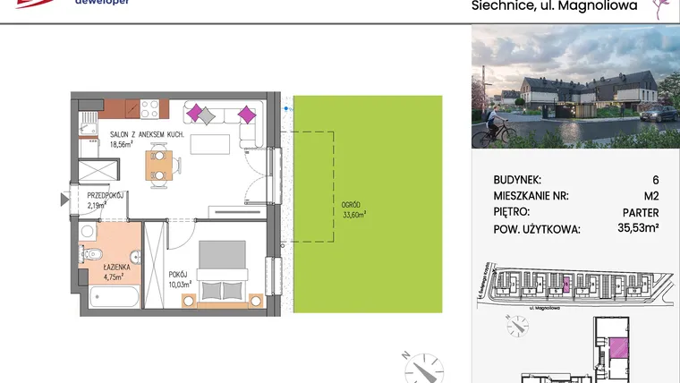 Rzut - Mieszkanie na sprzedaż 2 pokoje o powierzchni 35,53 m² - numer Bud.6-2 w Willa Magnolia