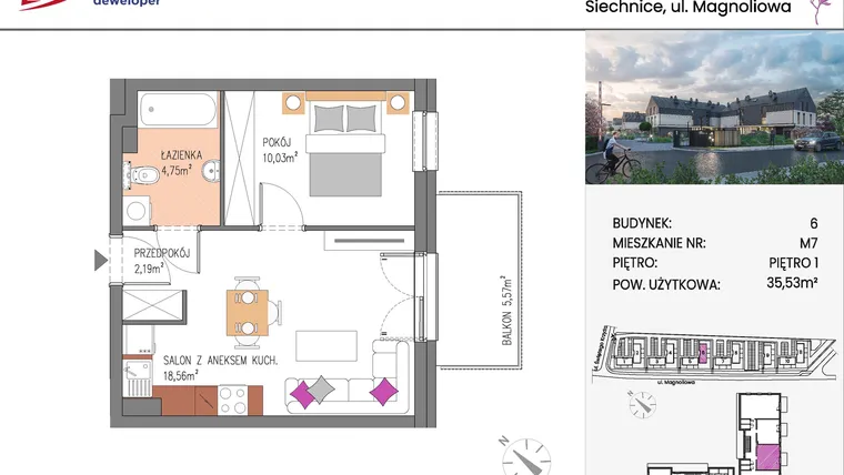 Rzut - Mieszkanie na sprzedaż 2 pokoje o powierzchni 35,53 m² - numer Bud.6-7 w Willa Magnolia