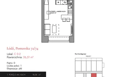 Rzut - Mieszkanie na sprzedaż 1 pokój o powierzchni 26,27 m² - numer C 0.2 w Melody Loft