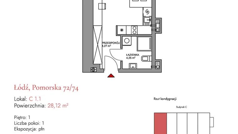 Rzut - Mieszkanie na sprzedaż 1 pokój o powierzchni 29,84 m² - numer C 1.1 w Melody Loft
