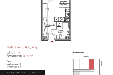 Rzut - Mieszkanie na sprzedaż 1 pokój o powierzchni 26,6 m² - numer C 1.4 w Melody Loft