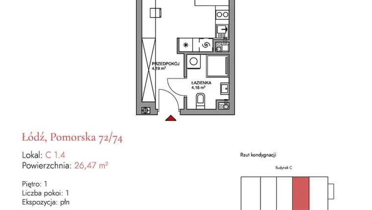Rzut - Mieszkanie na sprzedaż 1 pokój o powierzchni 26,6 m² - numer C 1.4 w Melody Loft
