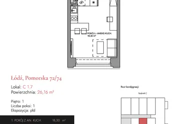 Rzut - Mieszkanie na sprzedaż 1 pokój o powierzchni 26,1 m² - numer C 1.7 w Melody Loft