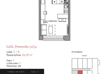 Rzut - Mieszkanie na sprzedaż 1 pokój o powierzchni 26,47 m² - numer C 1.8 w Melody Loft