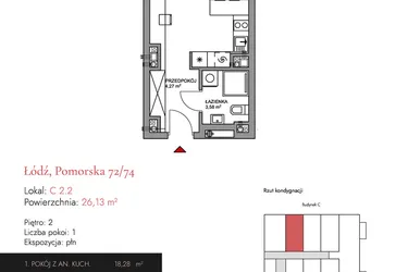 Rzut - Mieszkanie na sprzedaż 1 pokój o powierzchni 25,82 m² - numer C 2.2 w Melody Loft