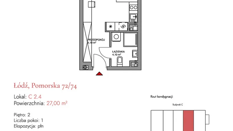 Rzut - Mieszkanie na sprzedaż 1 pokój o powierzchni 27 m² - numer C 2.4 w Melody Loft