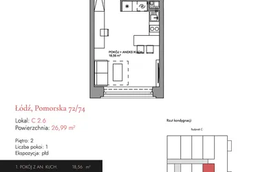 Rzut - Mieszkanie na sprzedaż 1 pokój o powierzchni 26,64 m² - numer C 2.6 w Melody Loft