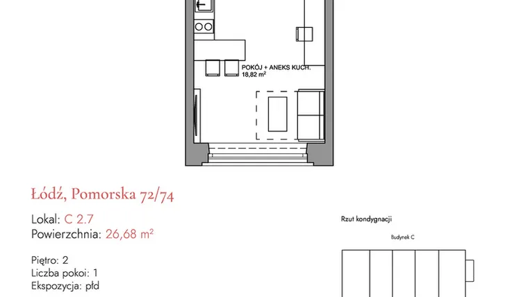 Rzut - Mieszkanie na sprzedaż 1 pokój o powierzchni 26,28 m² - numer C 2.7 w Melody Loft