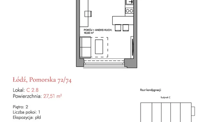 Rzut - Mieszkanie na sprzedaż 1 pokój o powierzchni 26,98 m² - numer C 2.8 w Melody Loft