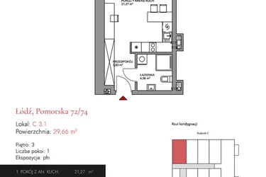 Rzut - Mieszkanie na sprzedaż 1 pokój o powierzchni 31,64 m² - numer C 3.1 w Melody Loft