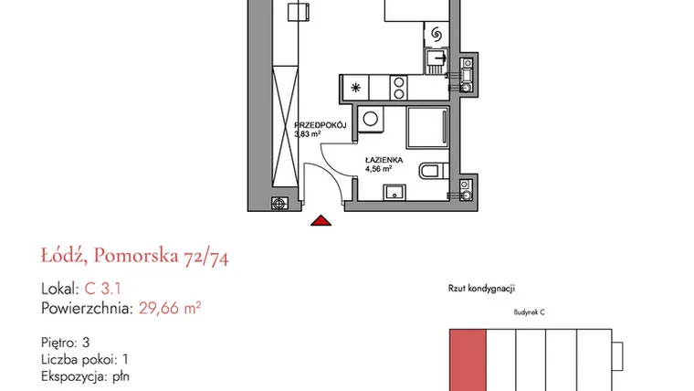 Rzut - Mieszkanie na sprzedaż 1 pokój o powierzchni 31,64 m² - numer C 3.1 w Melody Loft