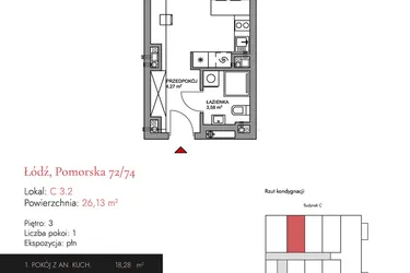 Rzut - Mieszkanie na sprzedaż 1 pokój o powierzchni 26,34 m² - numer C 3.2 w Melody Loft