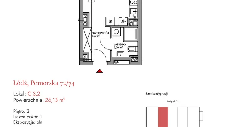Rzut - Mieszkanie na sprzedaż 1 pokój o powierzchni 26,34 m² - numer C 3.2 w Melody Loft